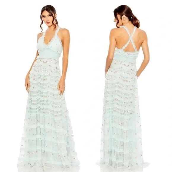 NWT $798 Mac‎ Duggal 8037 Halter Neckline Ruffle Floral Gown Blue NWT - Picture 2 of 10